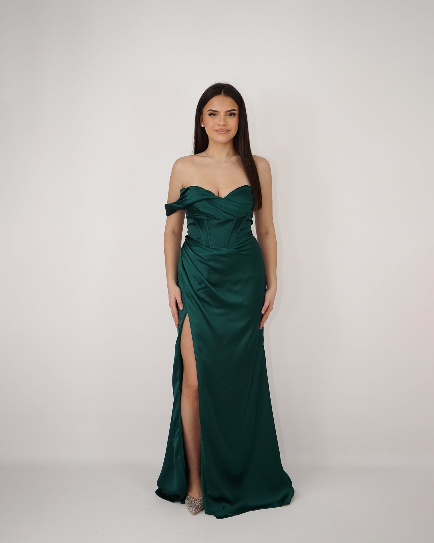 Robe Corset Asymétrique En Satin Vert Emeraude