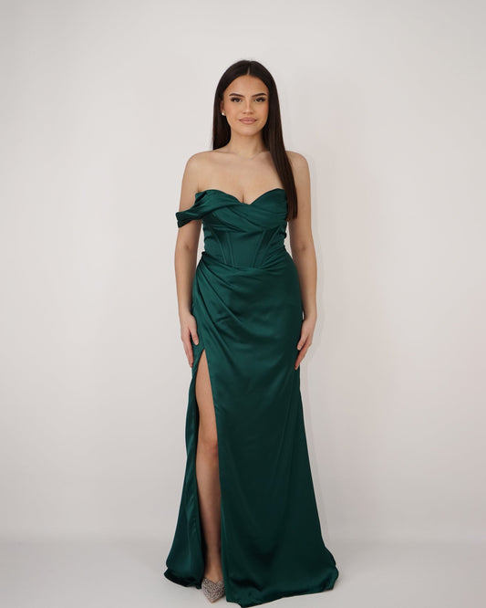 Nova Robe Corset Asymétrique En Satin Vert Emeraude