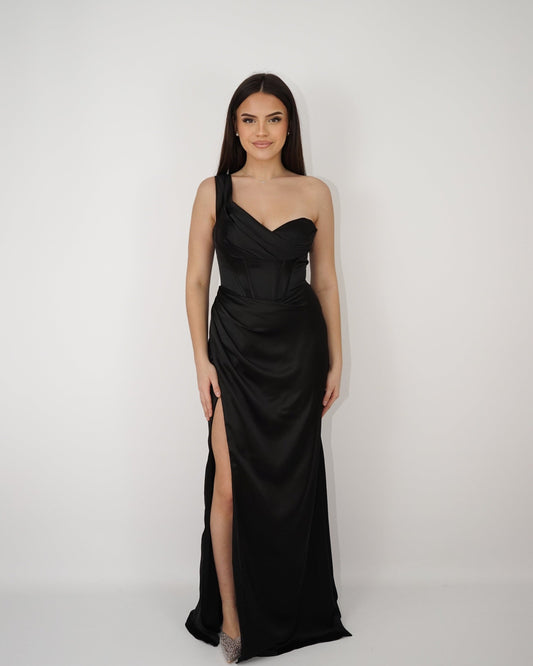 Nova Robe Corset Asymétrique En Satin Noir