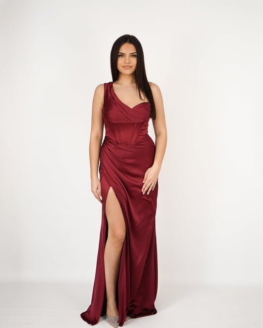 Nova Robe Corset Asymétrique En Satin Bordeaux