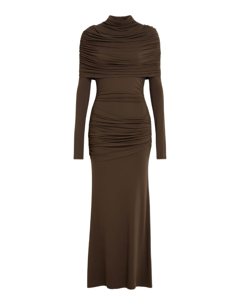 Marguerite- Longue robe drapée chocolat