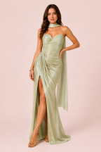 Angélina- Longue robe bustier vert sauge