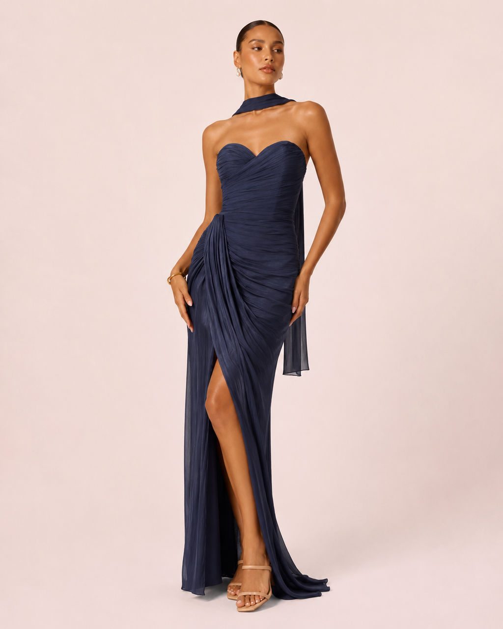 Angélina- Longue robe bustier bleu marine