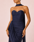 Angélina- Longue robe bustier bleu marine