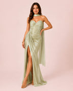 Angélina- Longue robe bustier vert sauge