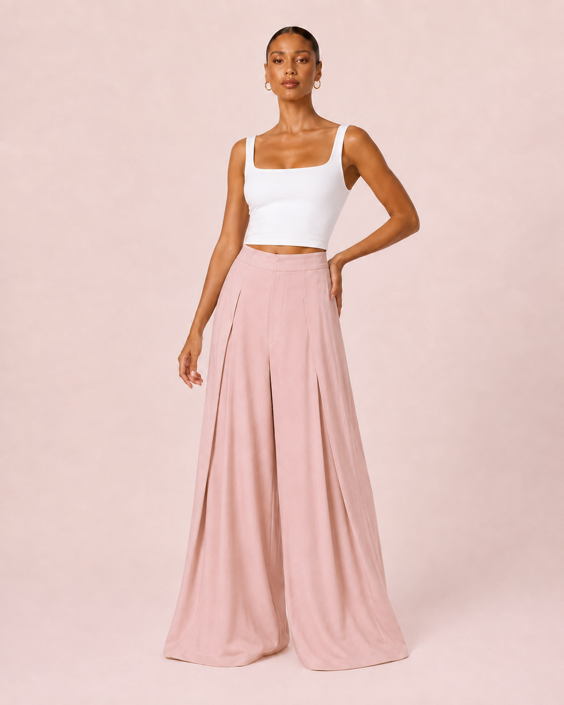 Anna - Pantalon large à plis rose poudré
