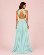 Ambre - Longue robe en satin irisé turquoise