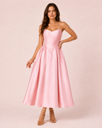 Andréa - Robe midi en satin rose