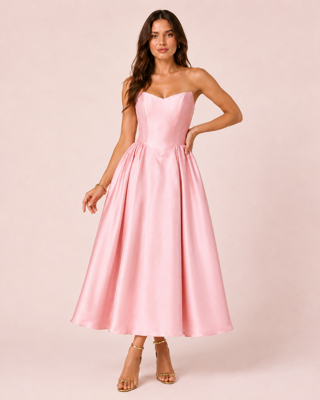 Andréa - Robe midi en satin rose
