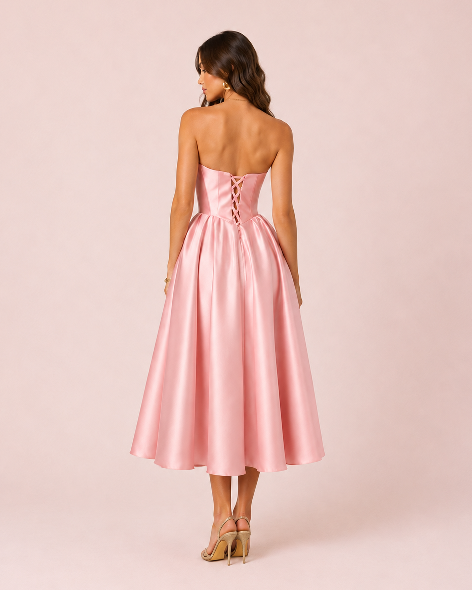 Andréa - Robe midi en satin rose