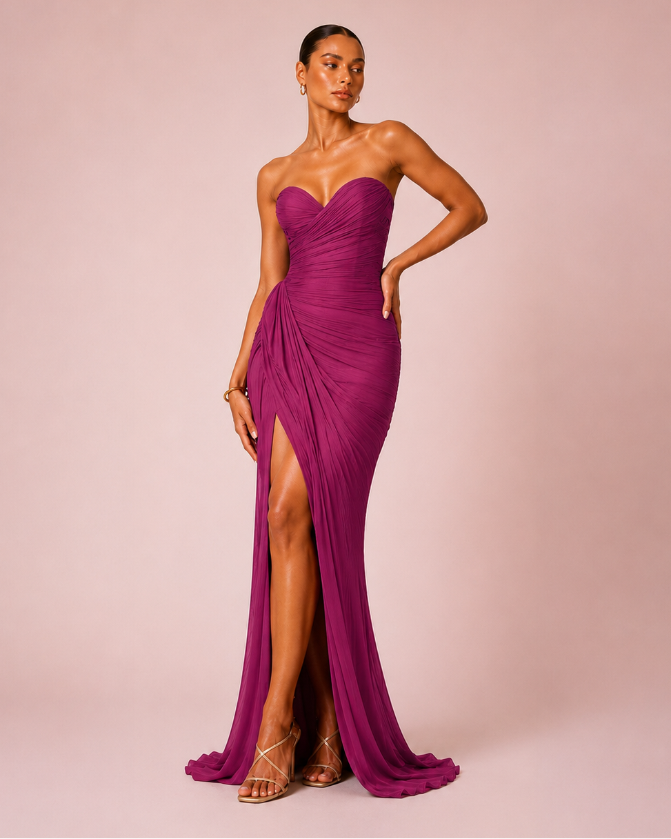 Angélina - Longue robe bustier prune