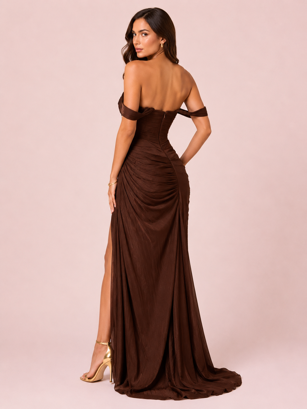 Camélia - Longue robe bustier marron
