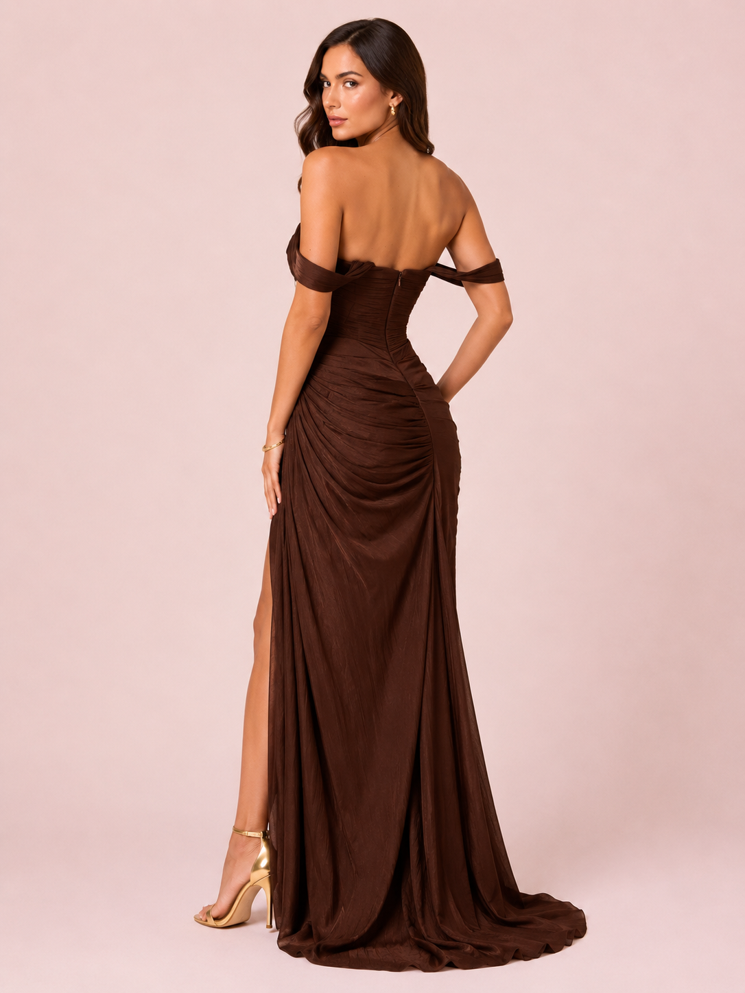 Camélia - Longue robe bustier marron