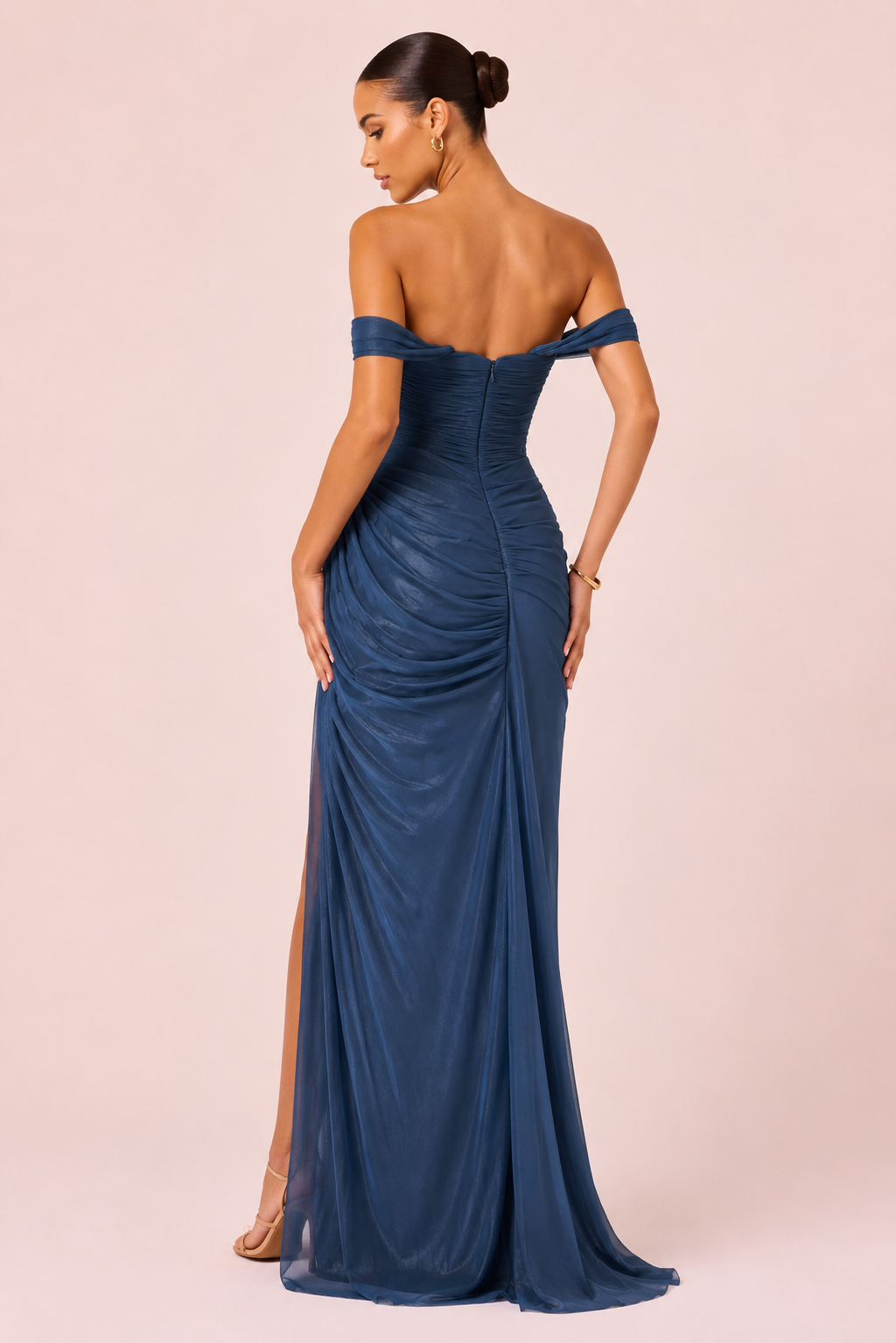 Camelia - Longue robe bustier bleu pétrole