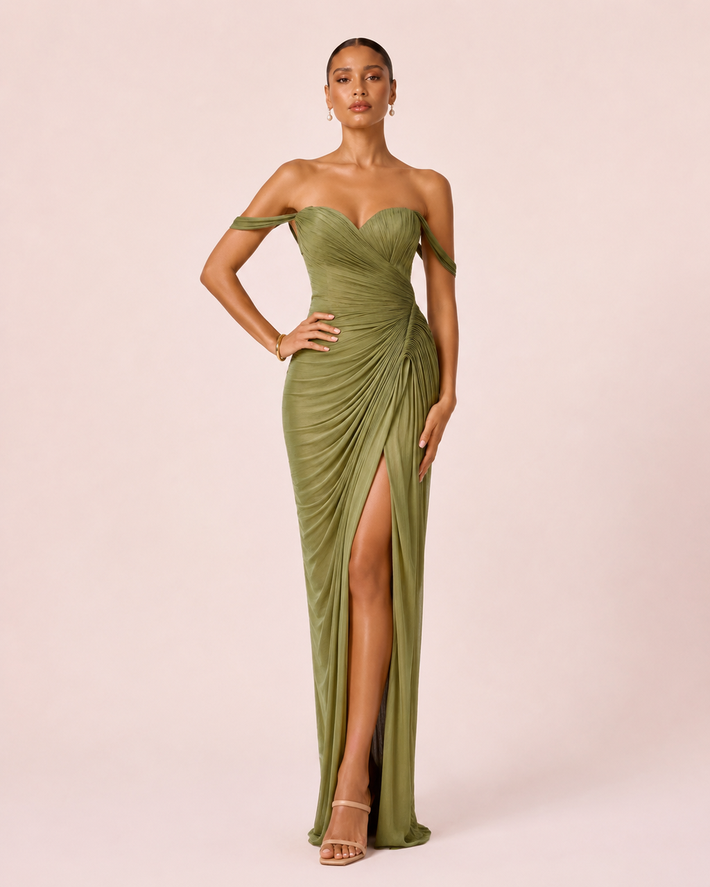 Camélia - Longue robe bustier vert olive