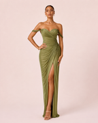 Camélia - Longue robe bustier vert olive