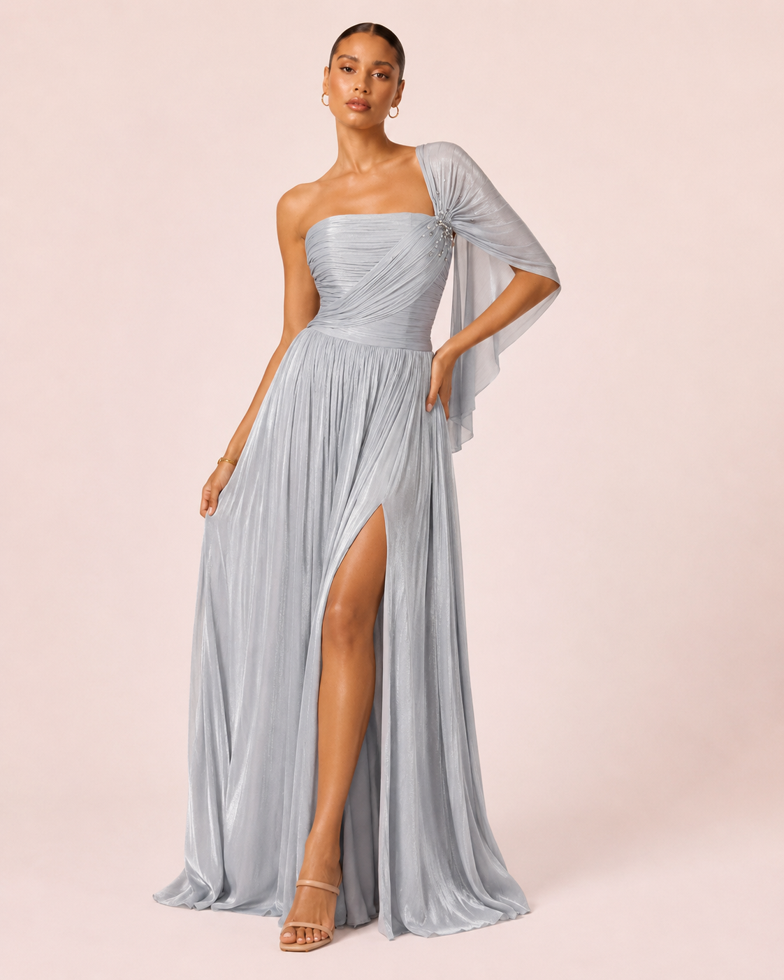 Catherine - Longue robe asymétrique bleu poussiéreux