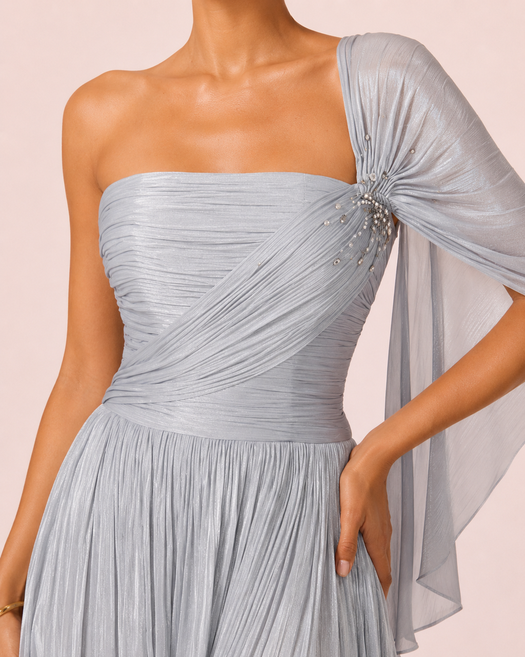 Catherine - Longue robe asymétrique bleu poussiéreux