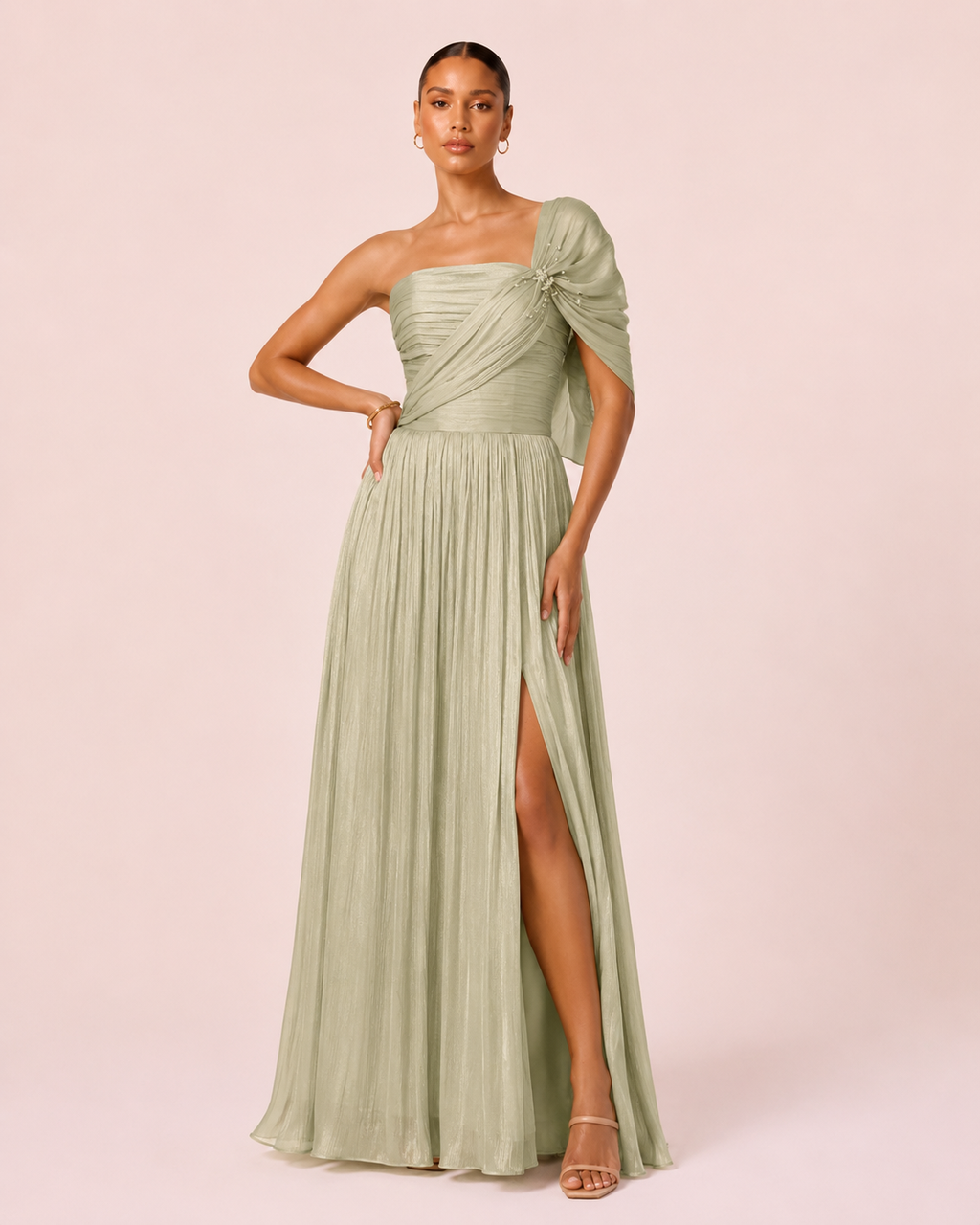 Catherine - Longue robe asymétrique vert sauge