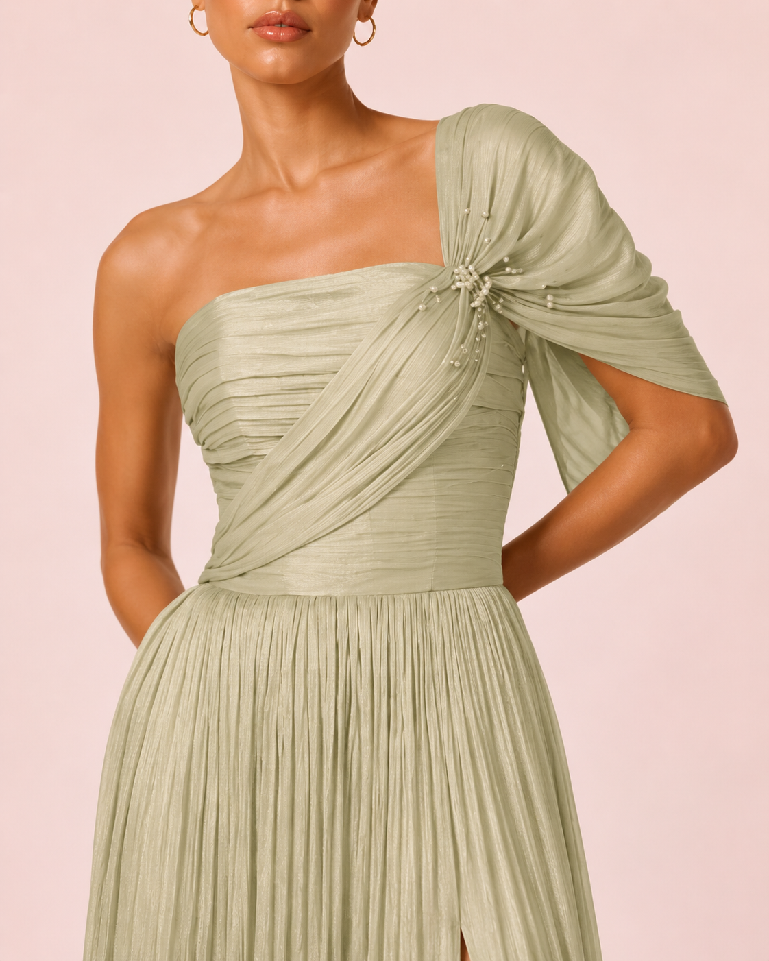 Catherine - Longue robe asymétrique vert sauge