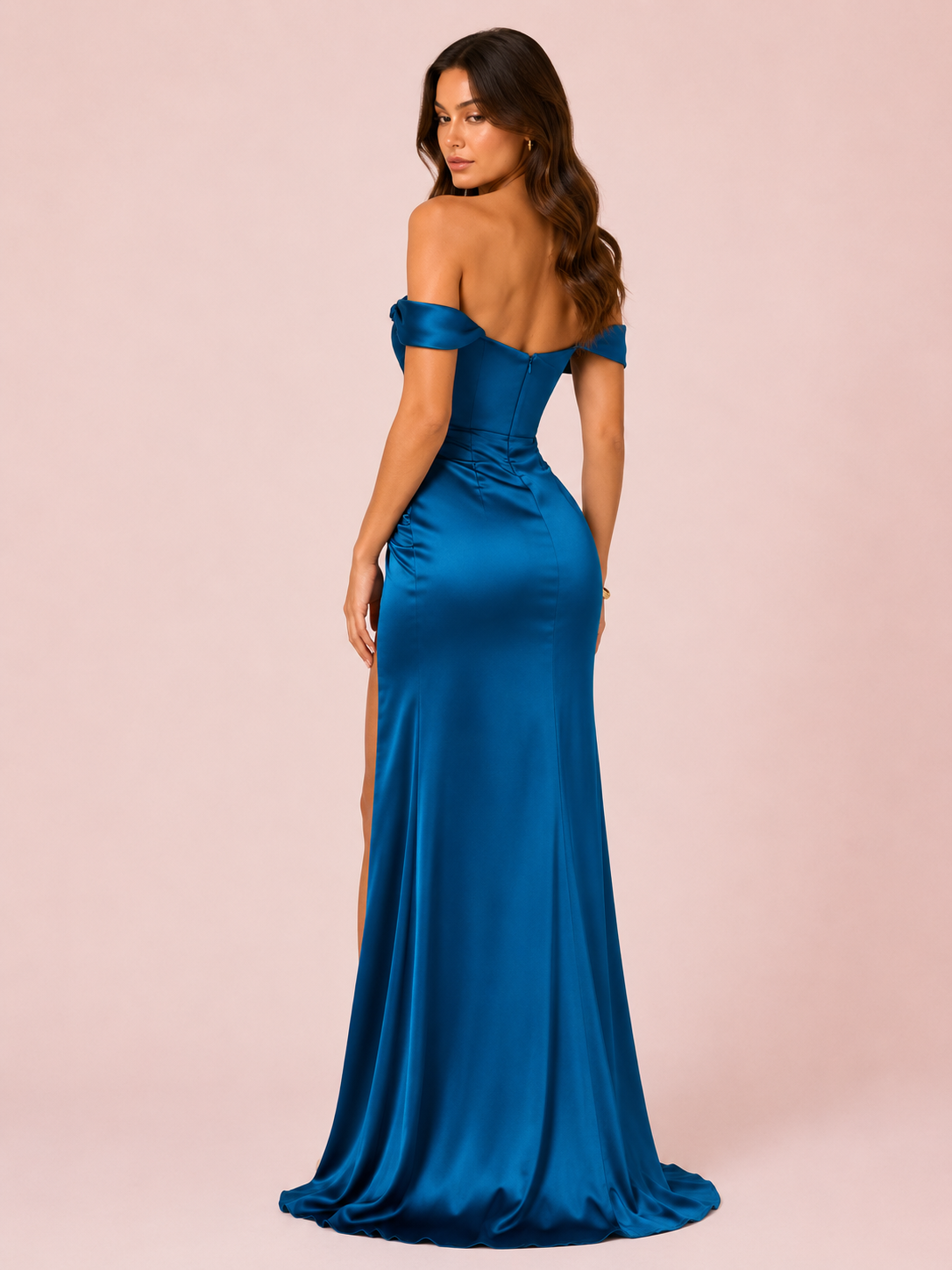 Carla - Robe corset à épaules dénudées bleu canard