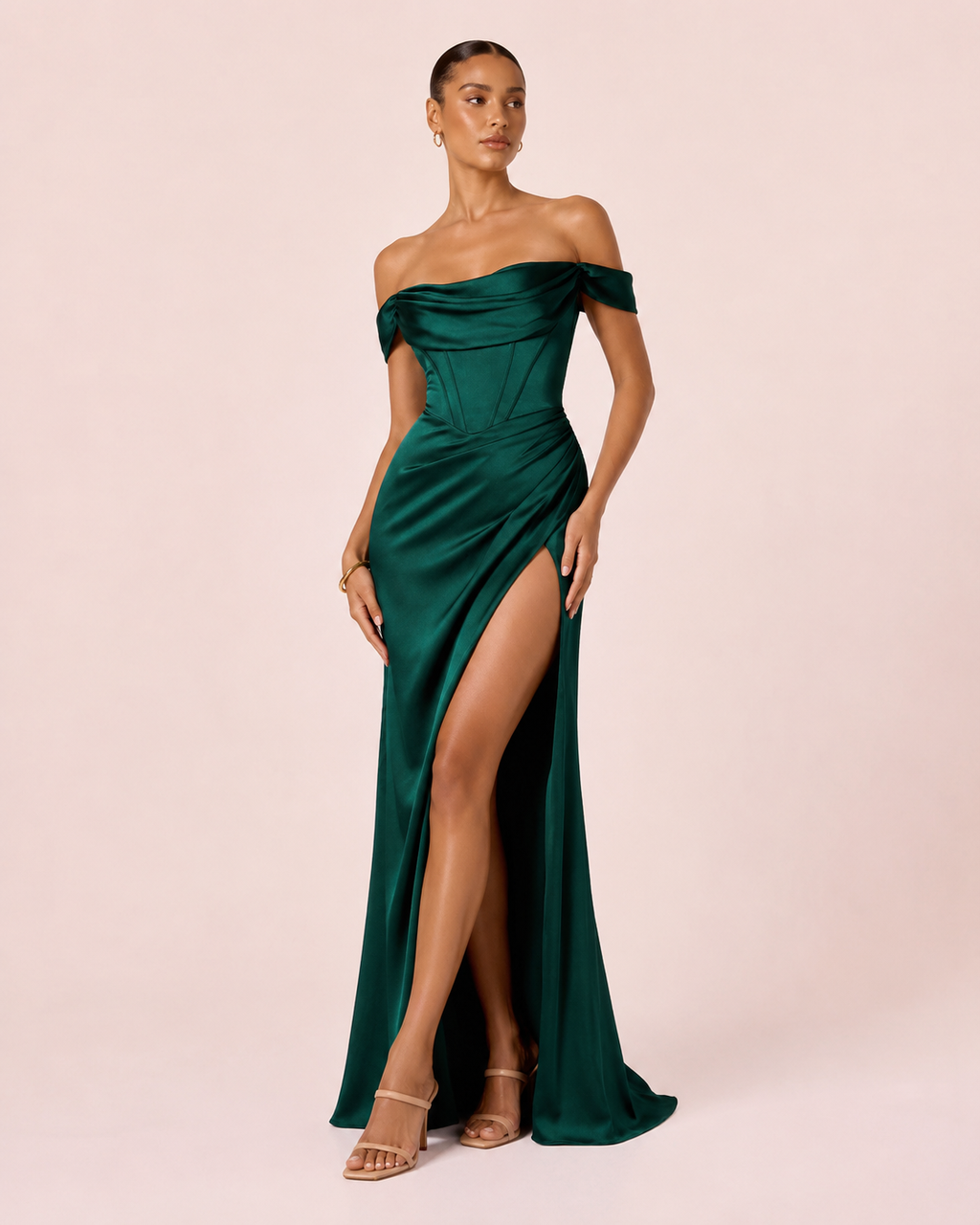 Carla - Robe corset à épaules dénudées vert émeraude