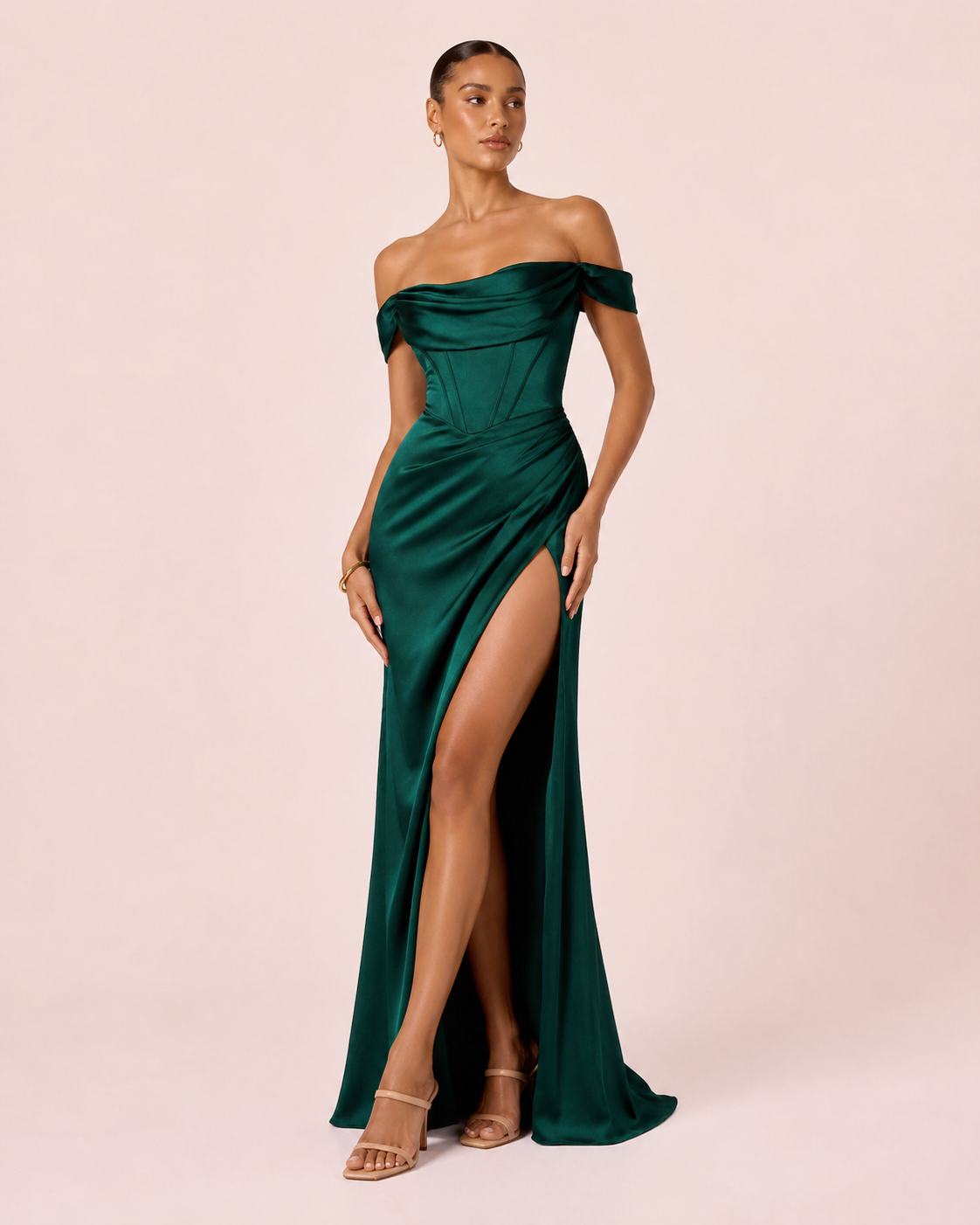 Carla - Robe corset à épaules dénudées vert émeraude