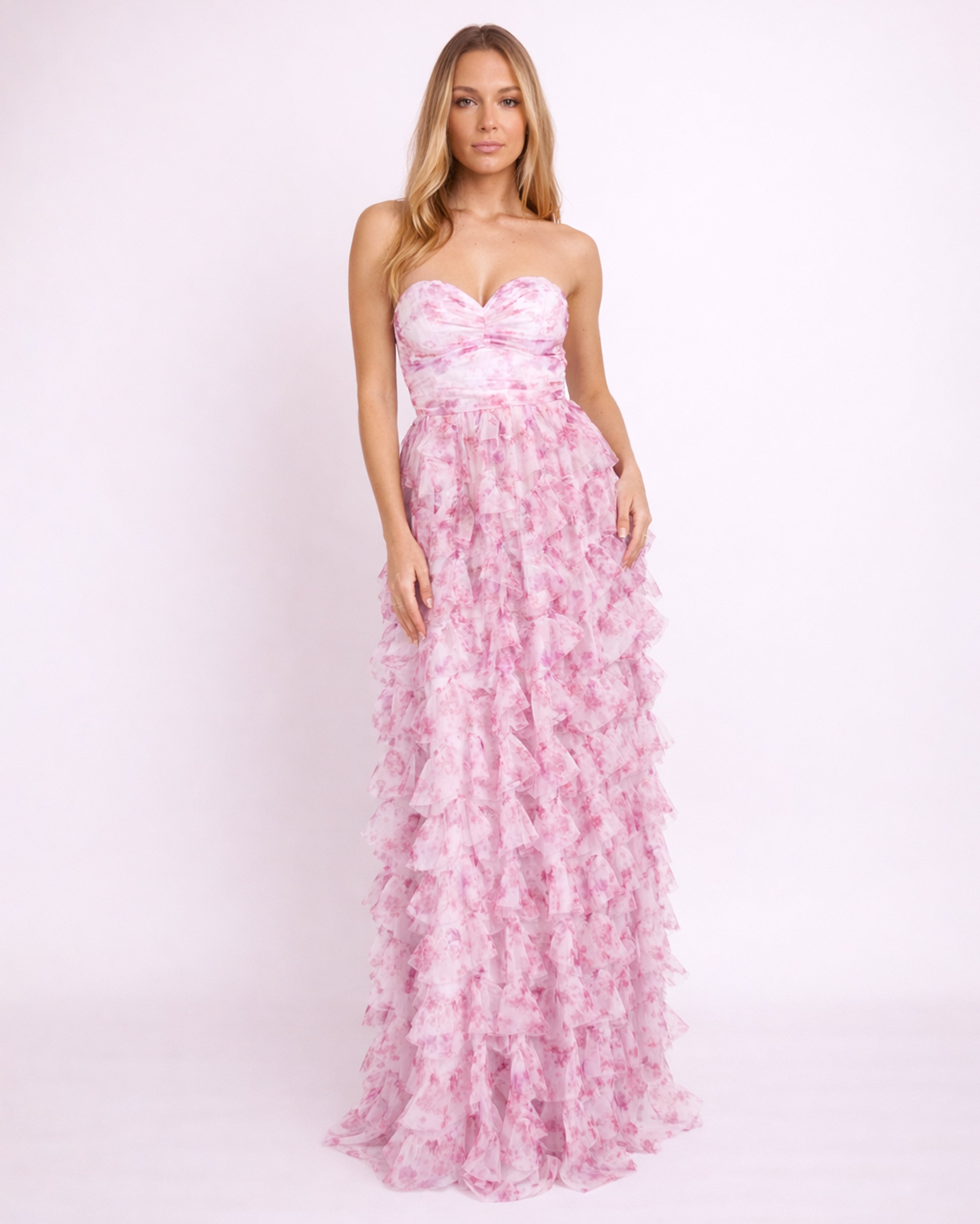 Solene - Robe Bustier A Volants Rose