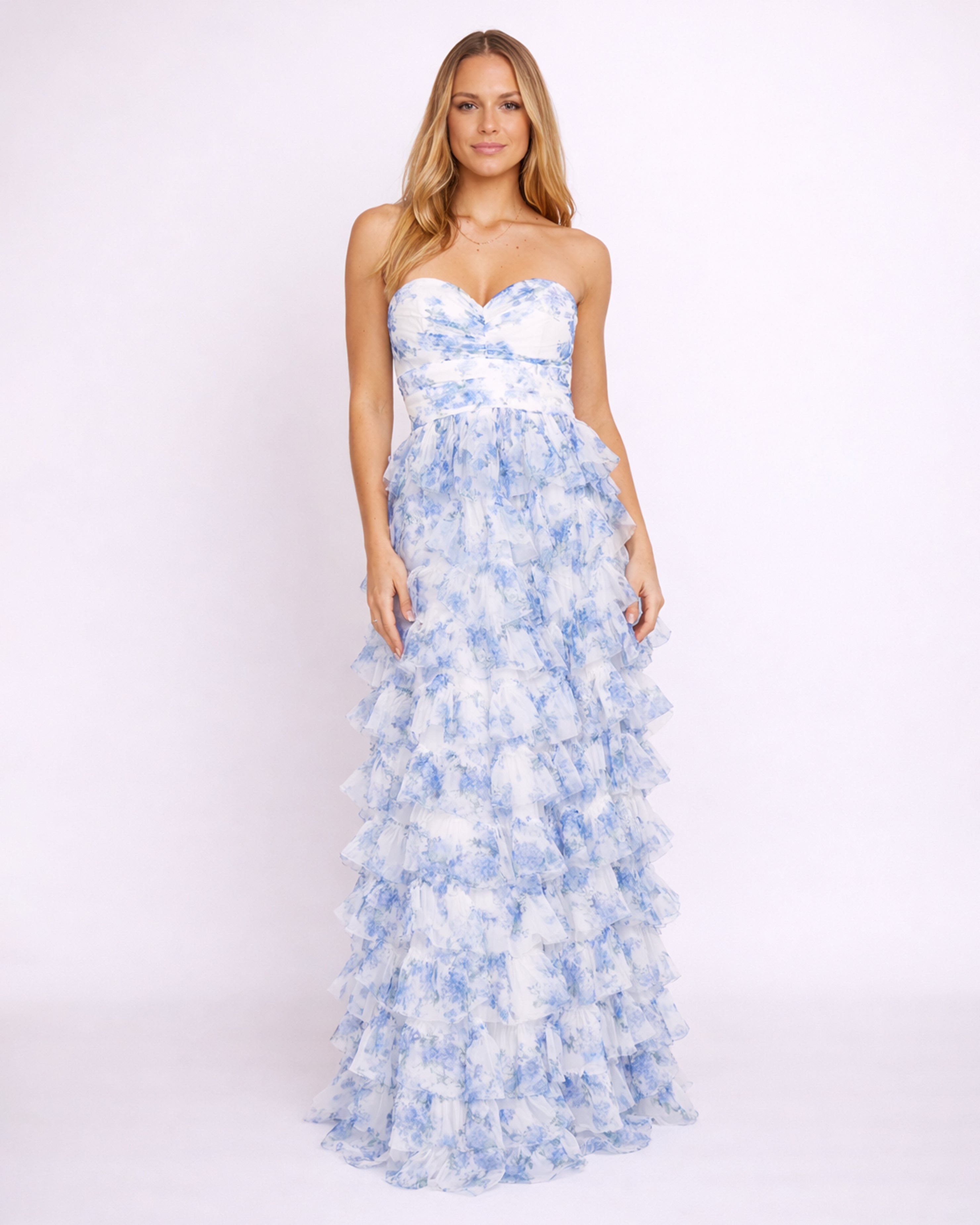 Solene - Robe Bustier A Volants Bleue