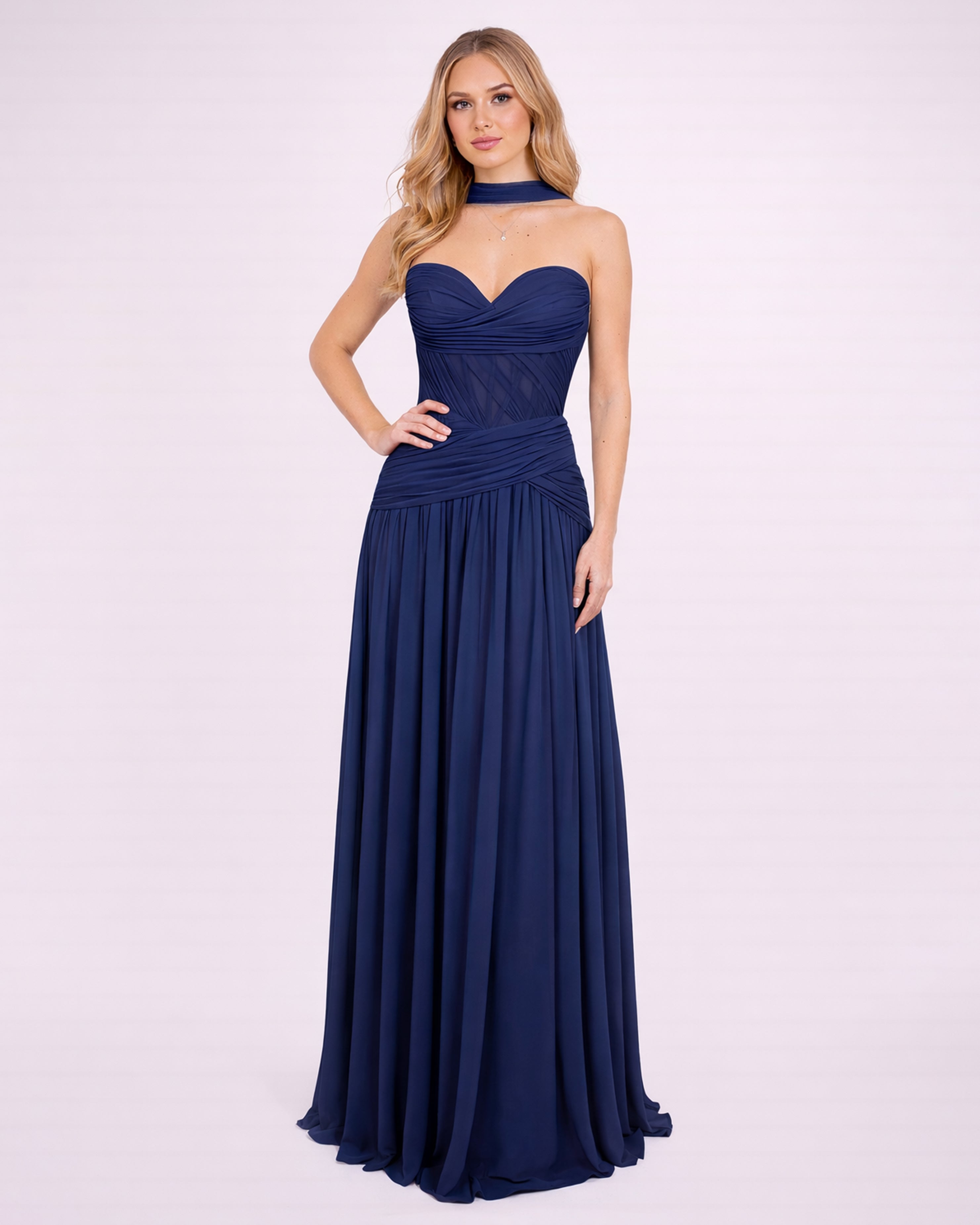 Oriane- Longue robe bustier bleu marine