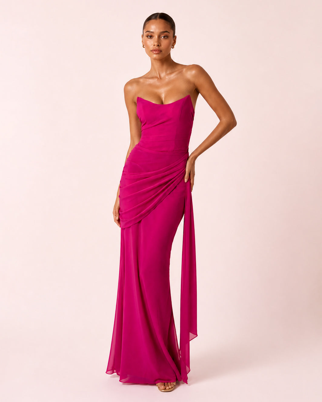 Lucile - Longue robe drapée fuchsia