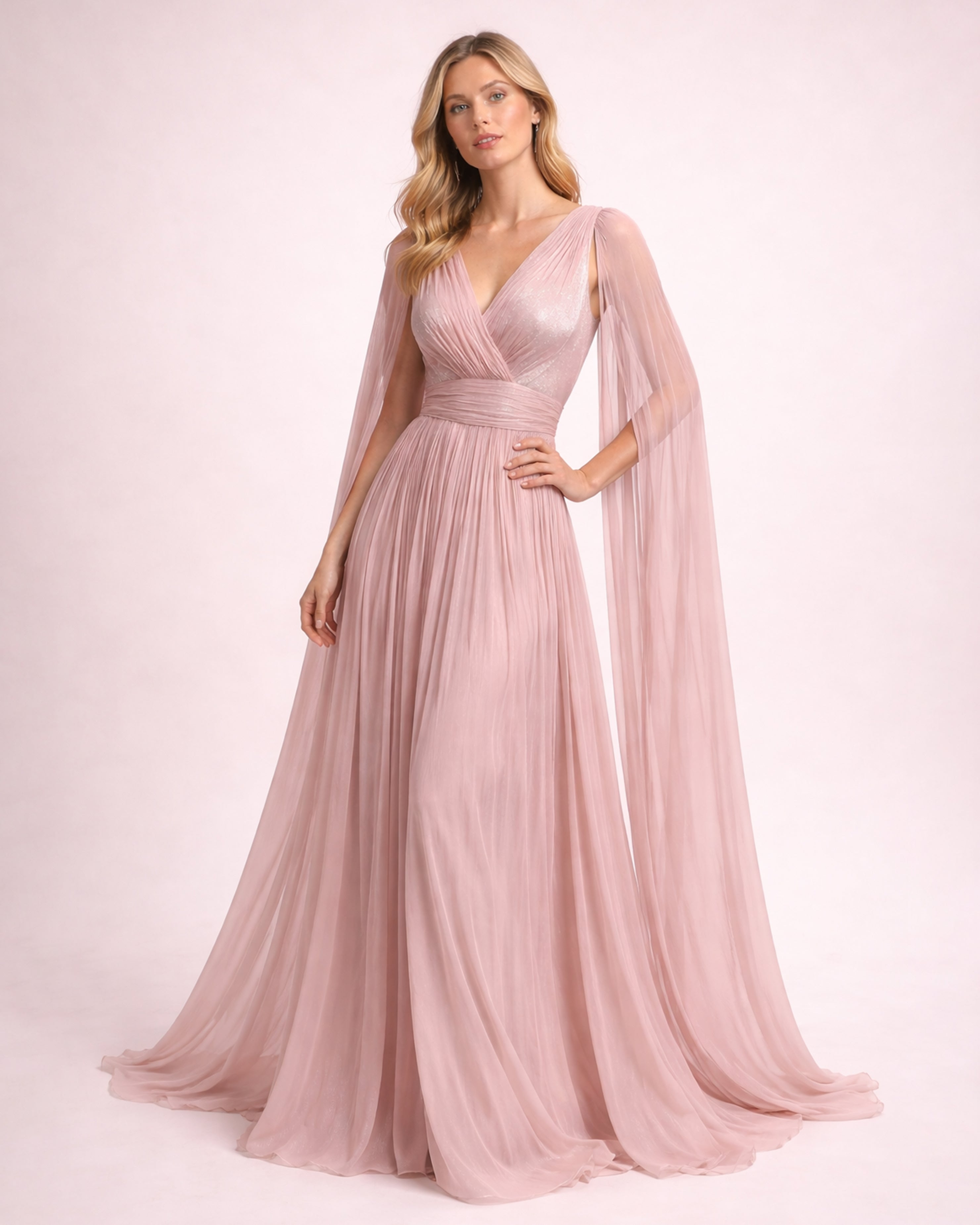 Esther - Longue robe satinée rose poudré