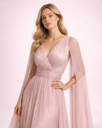Esther - Longue robe satinée rose poudré