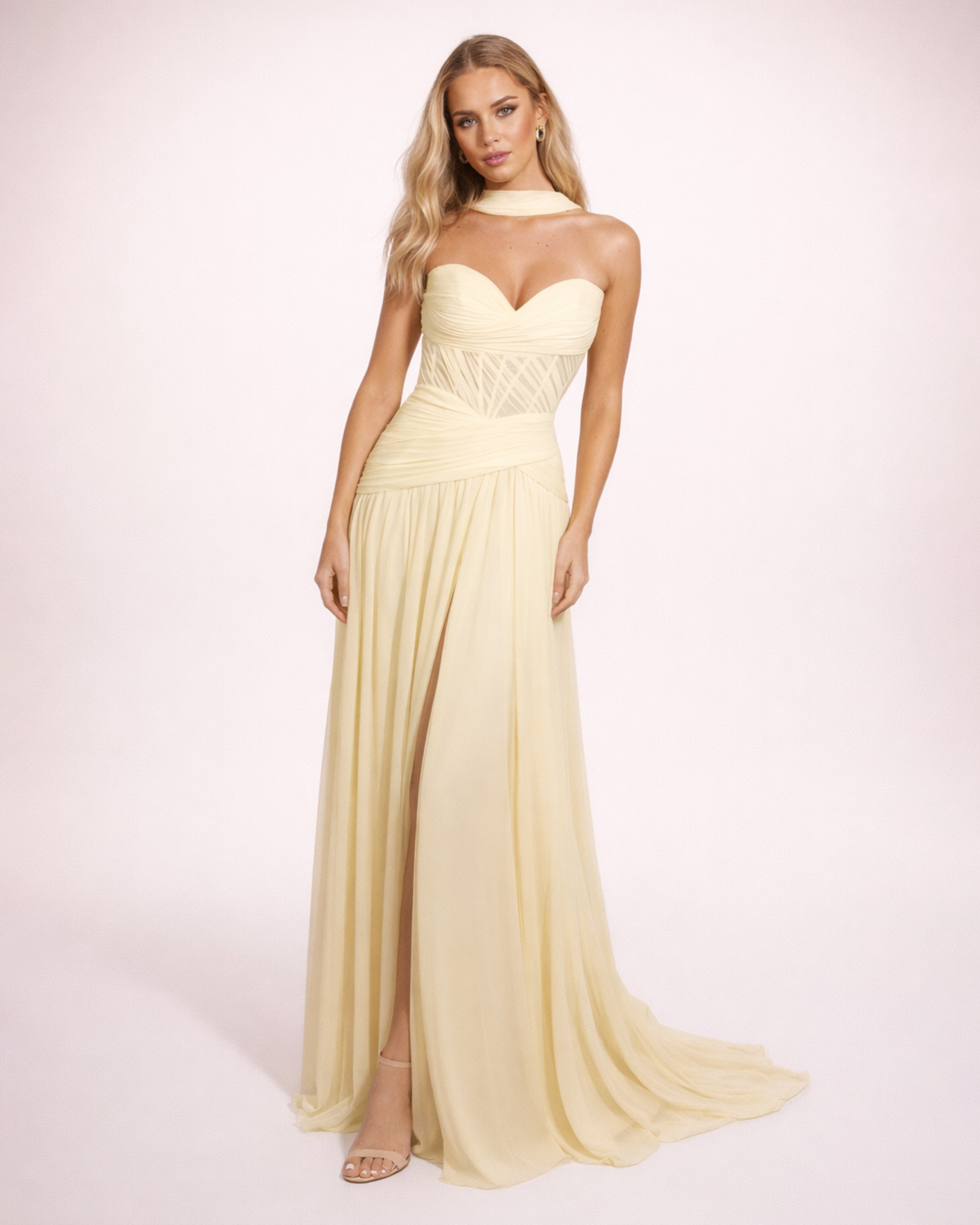 Oriane- Longue robe bustier jaune pastel