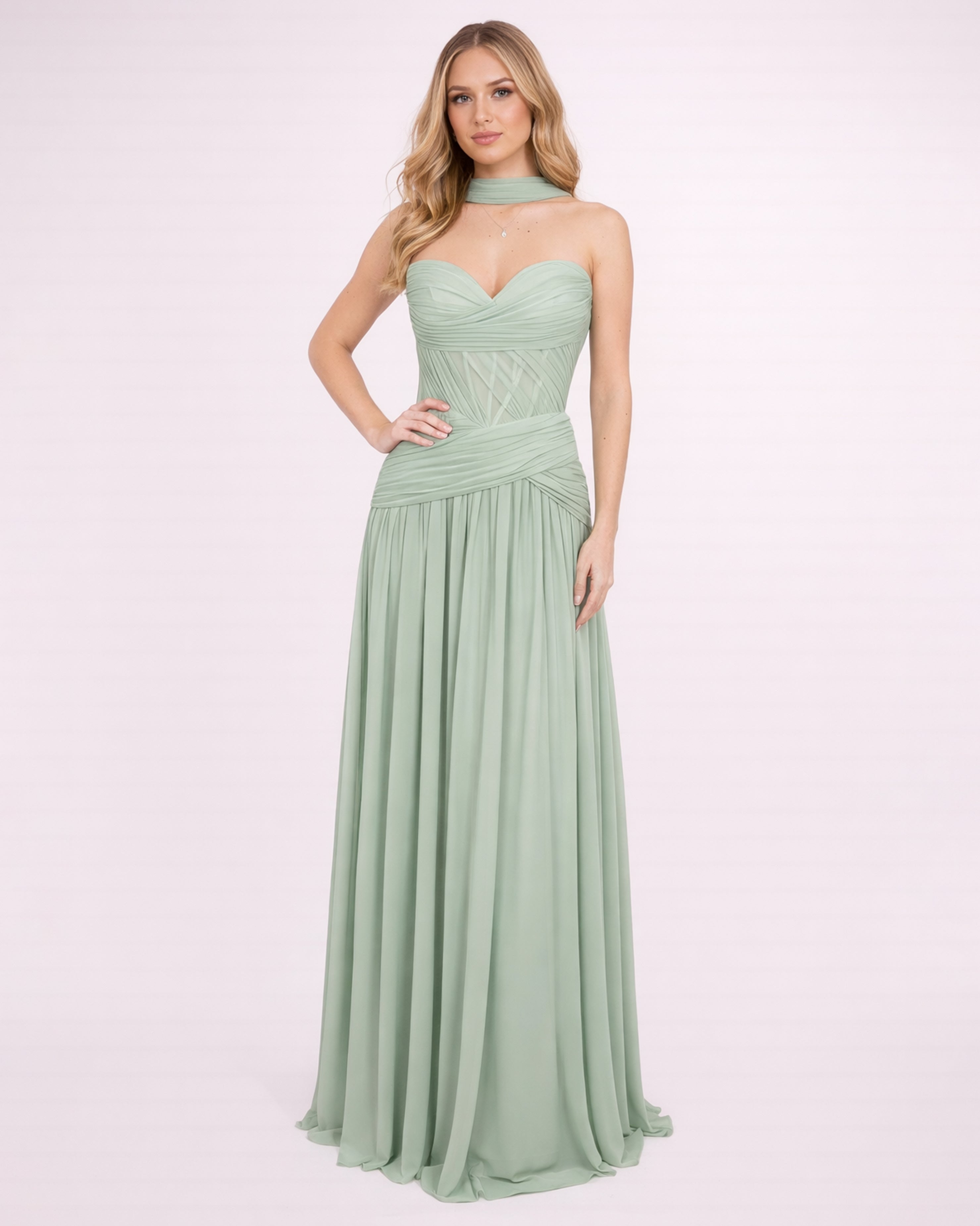 Oriane- Longue robe bustier vert sauge