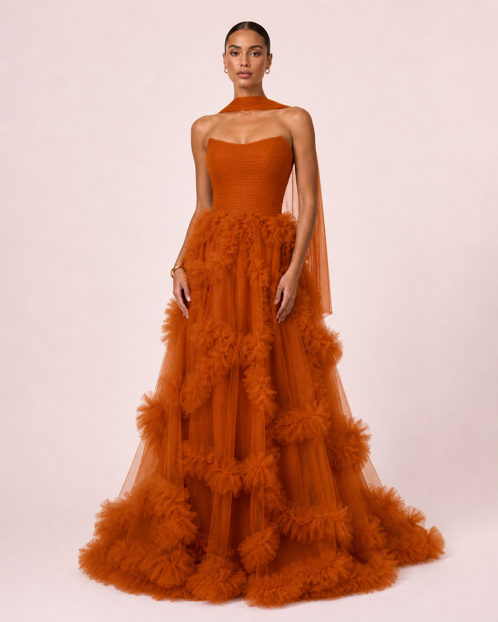 Alia - Longue robe en tulle terracotta