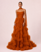 Alia - Longue robe en tulle terracotta