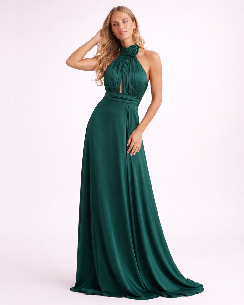 Rose - Longue robe satinée vert émeraude