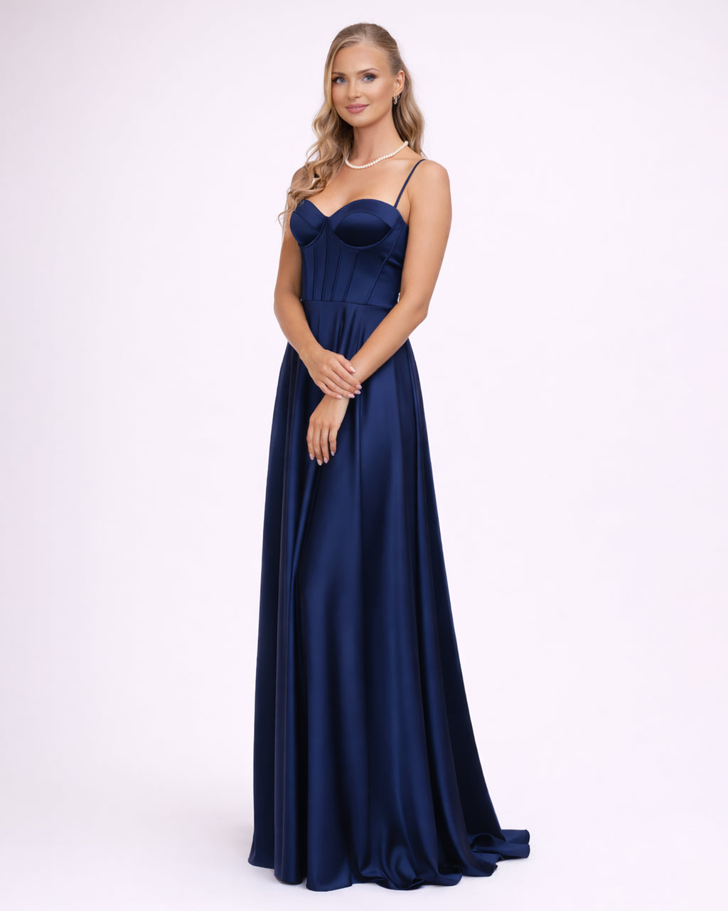 Eva - Robe corset en satin bleu marine