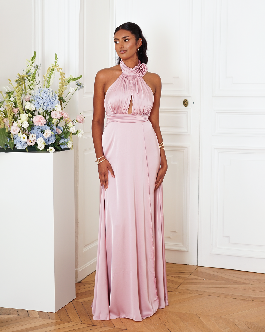 Longue Robe Satinée Rose Poudrée