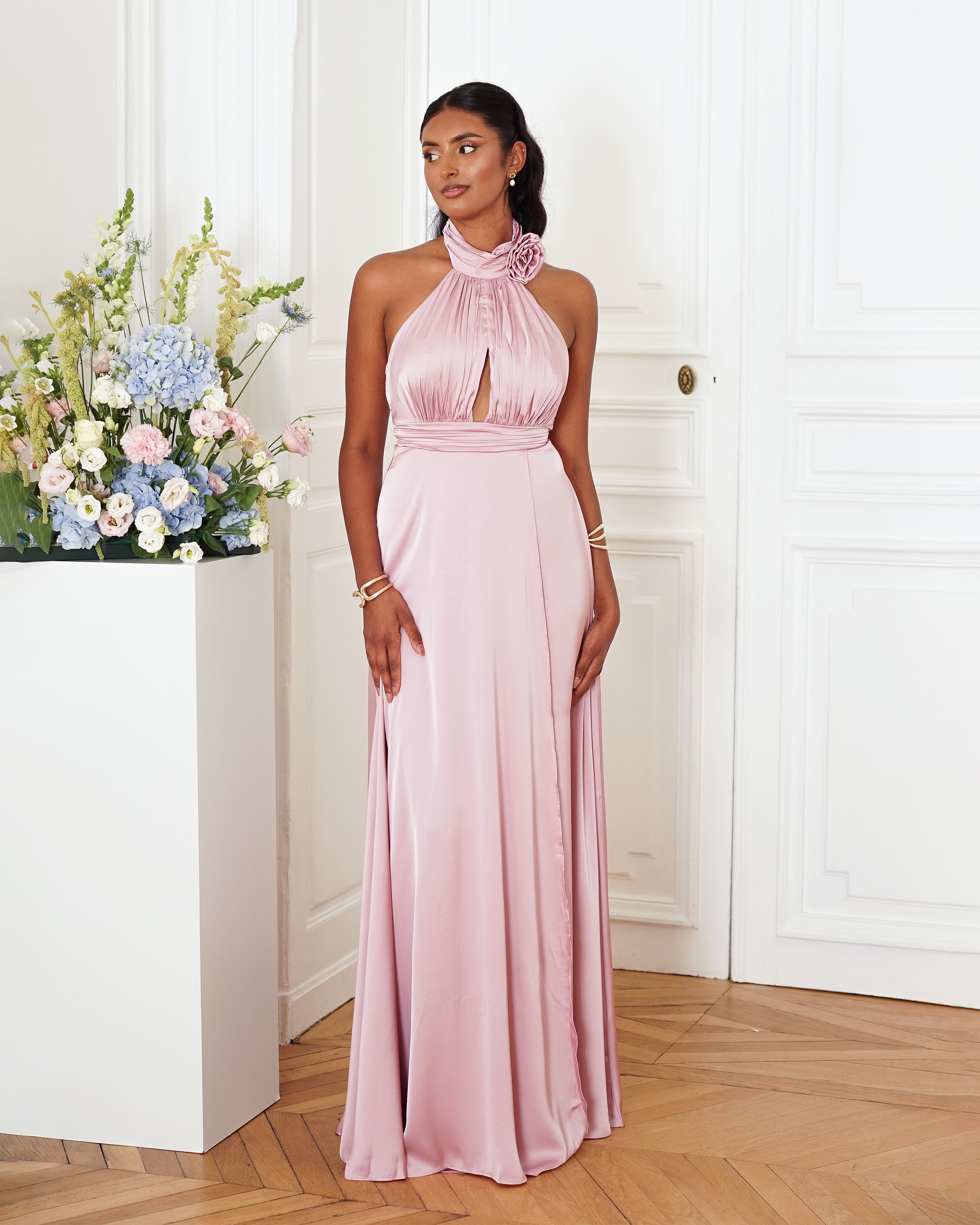 Longue Robe Satinée Rose Poudrée