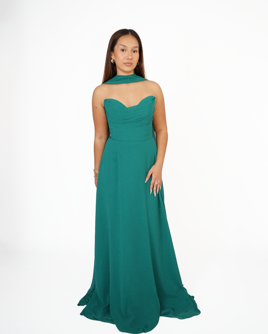Robe Bustier A Foulard Fluide Vert Emeraude