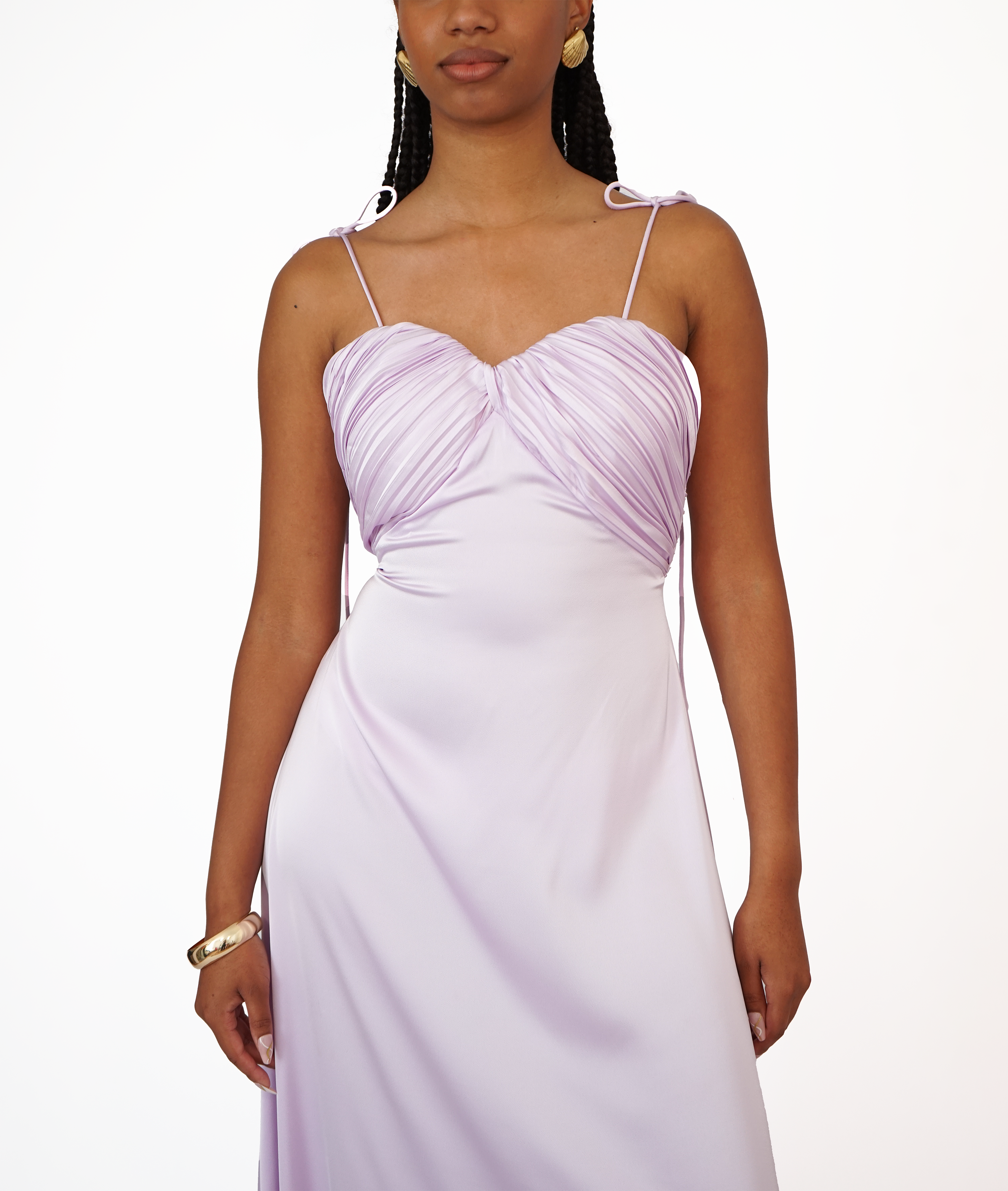 Perle robe longue en satin lilas