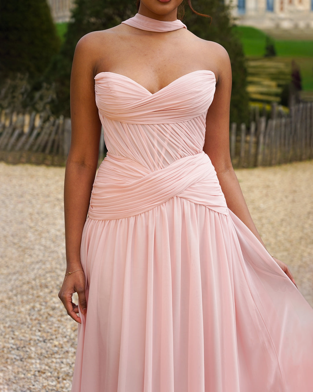 Oriane- Longue robe bustier rose poudré