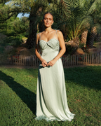 Pearl sage green satin long dress
