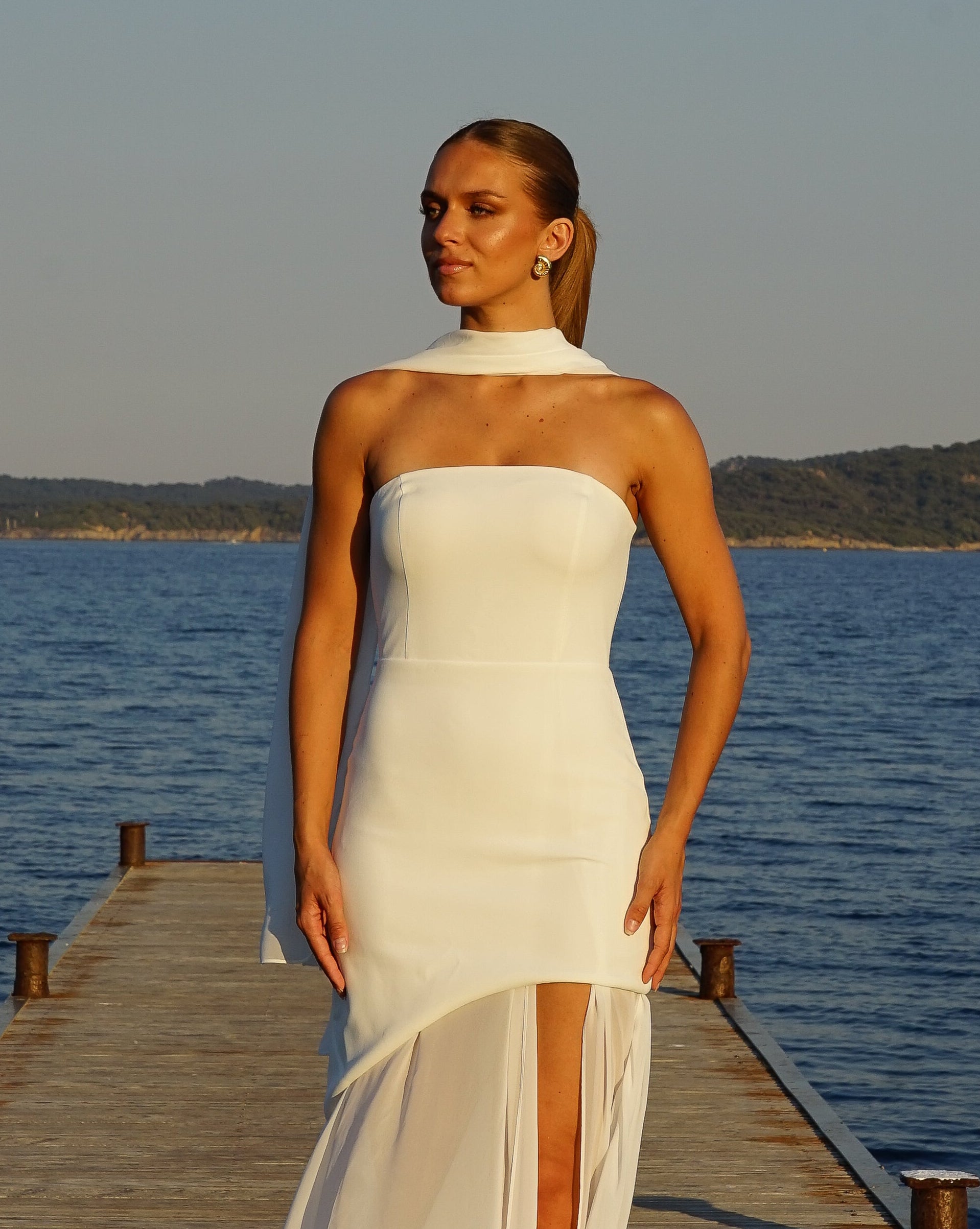 Long White Dress with Flowing Skirt