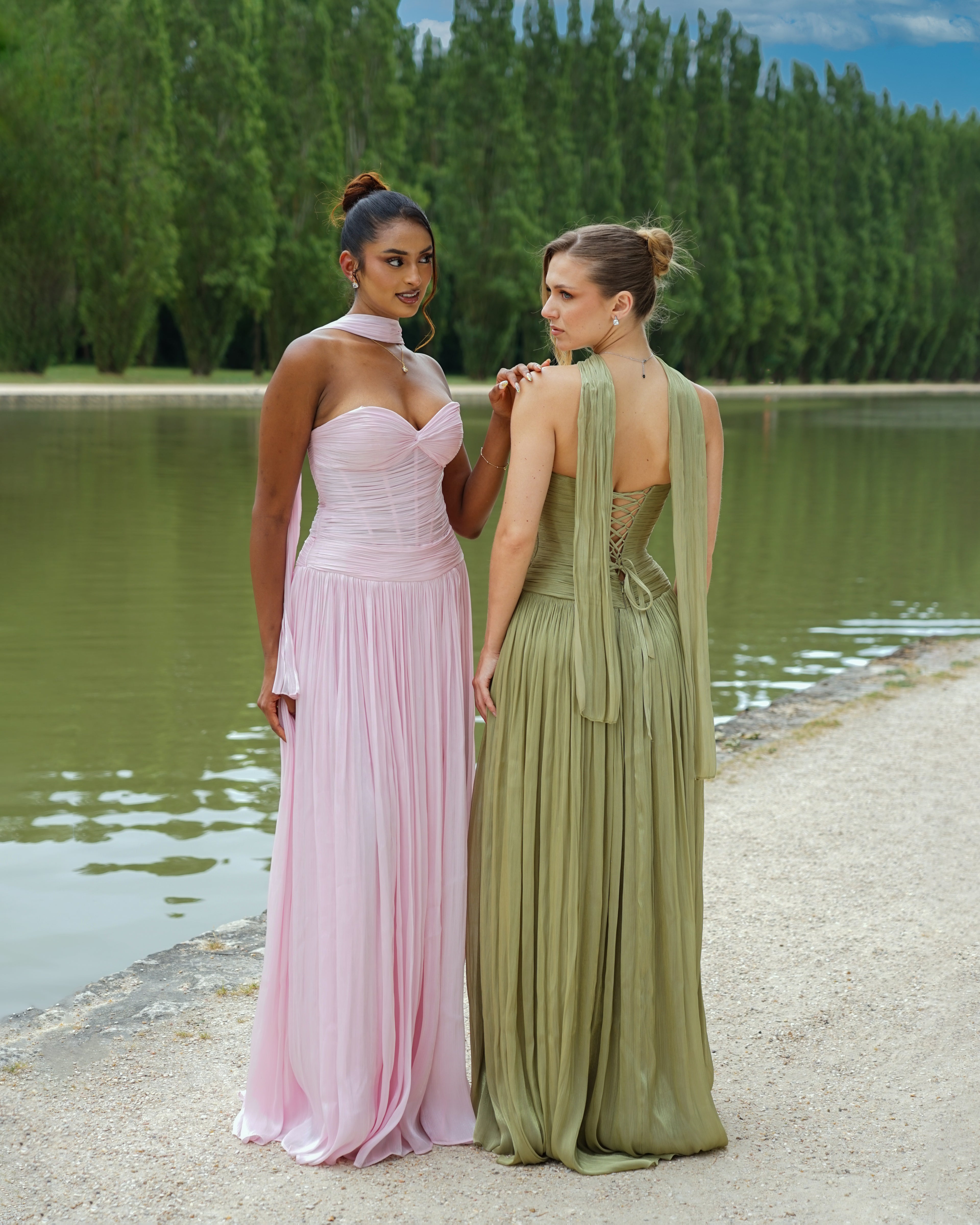Gabrielle - Longue robe bustier rose poudré