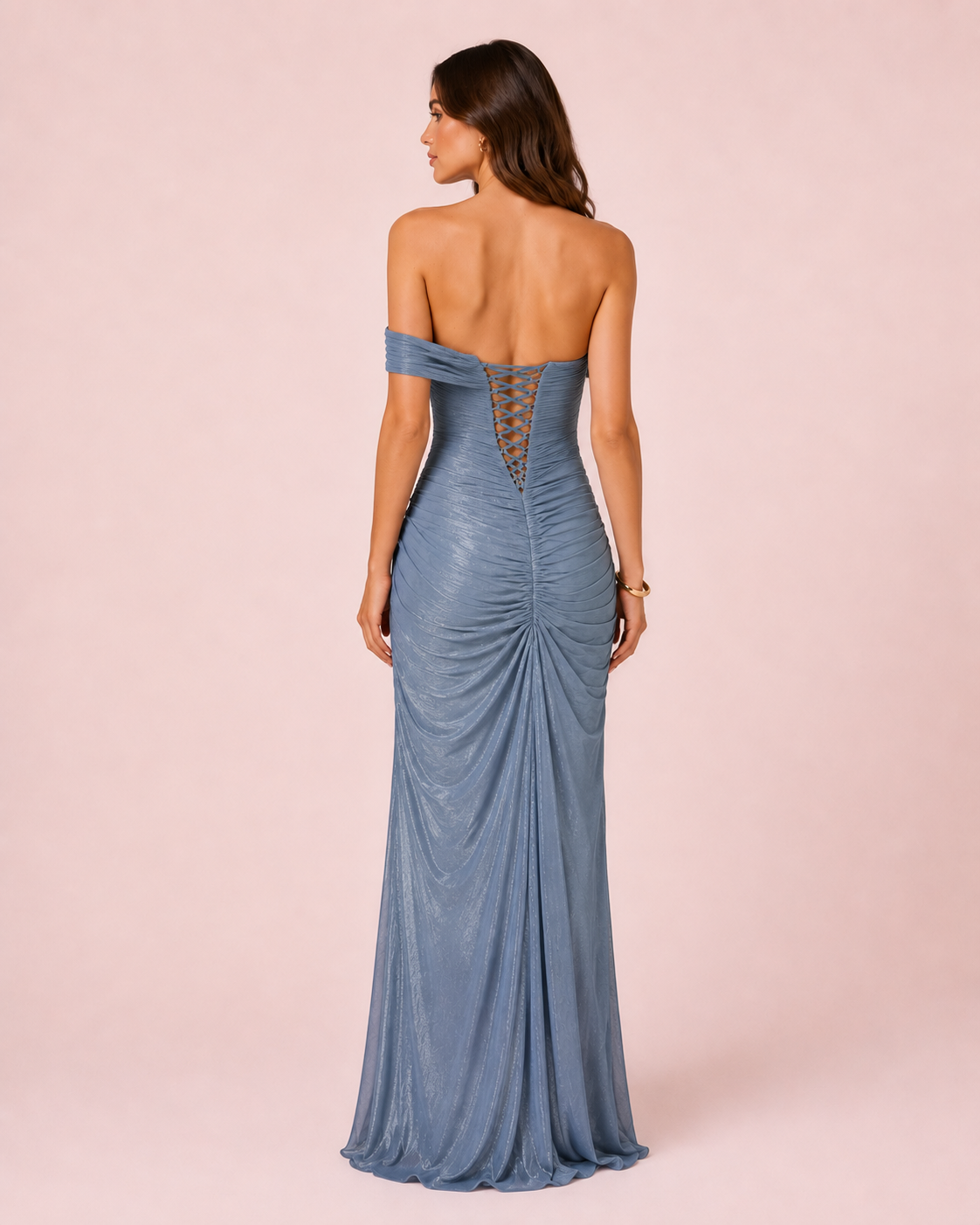 Shania - Longue robe en satin bleu gris