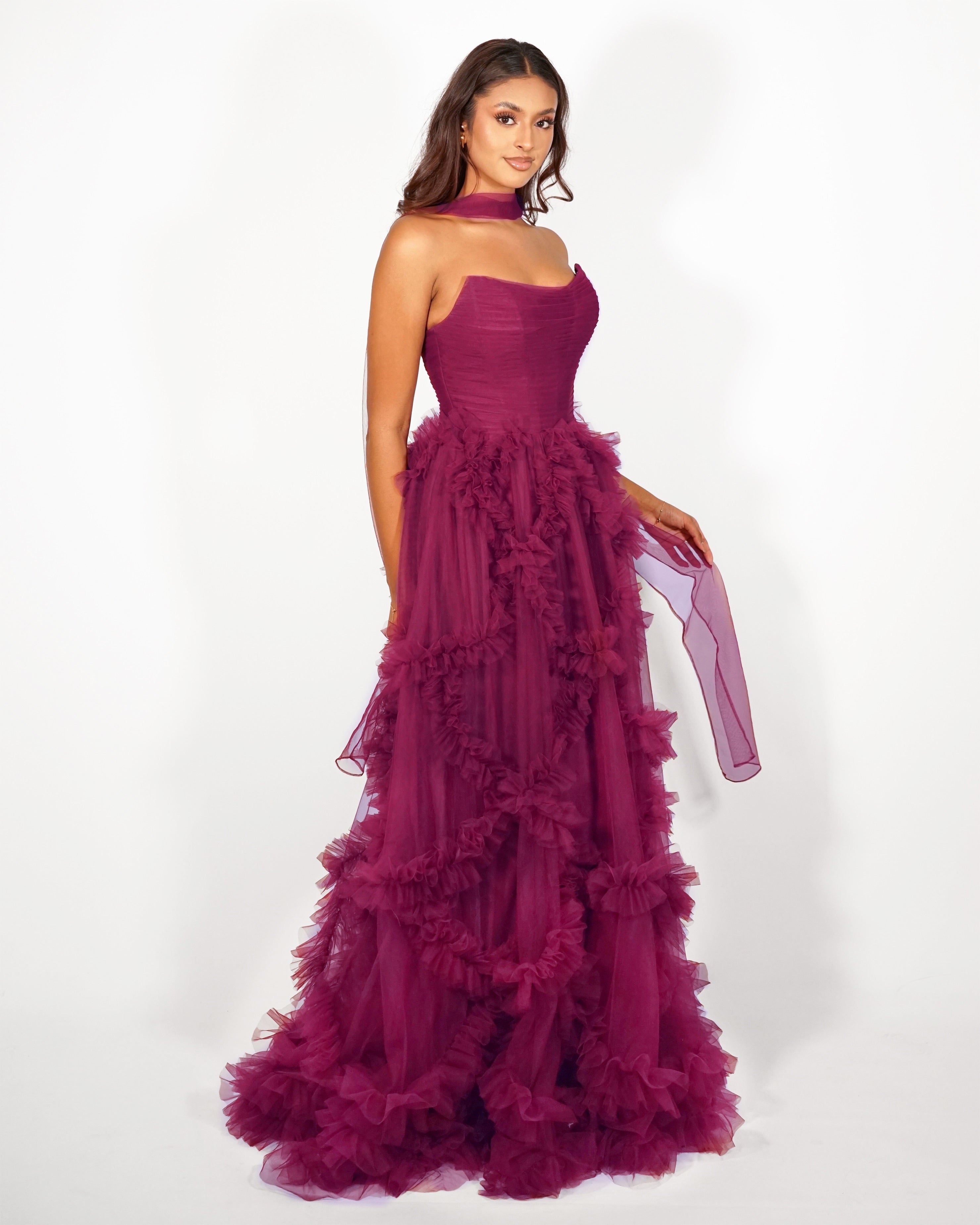 Alia - Longue robe en tulle prune