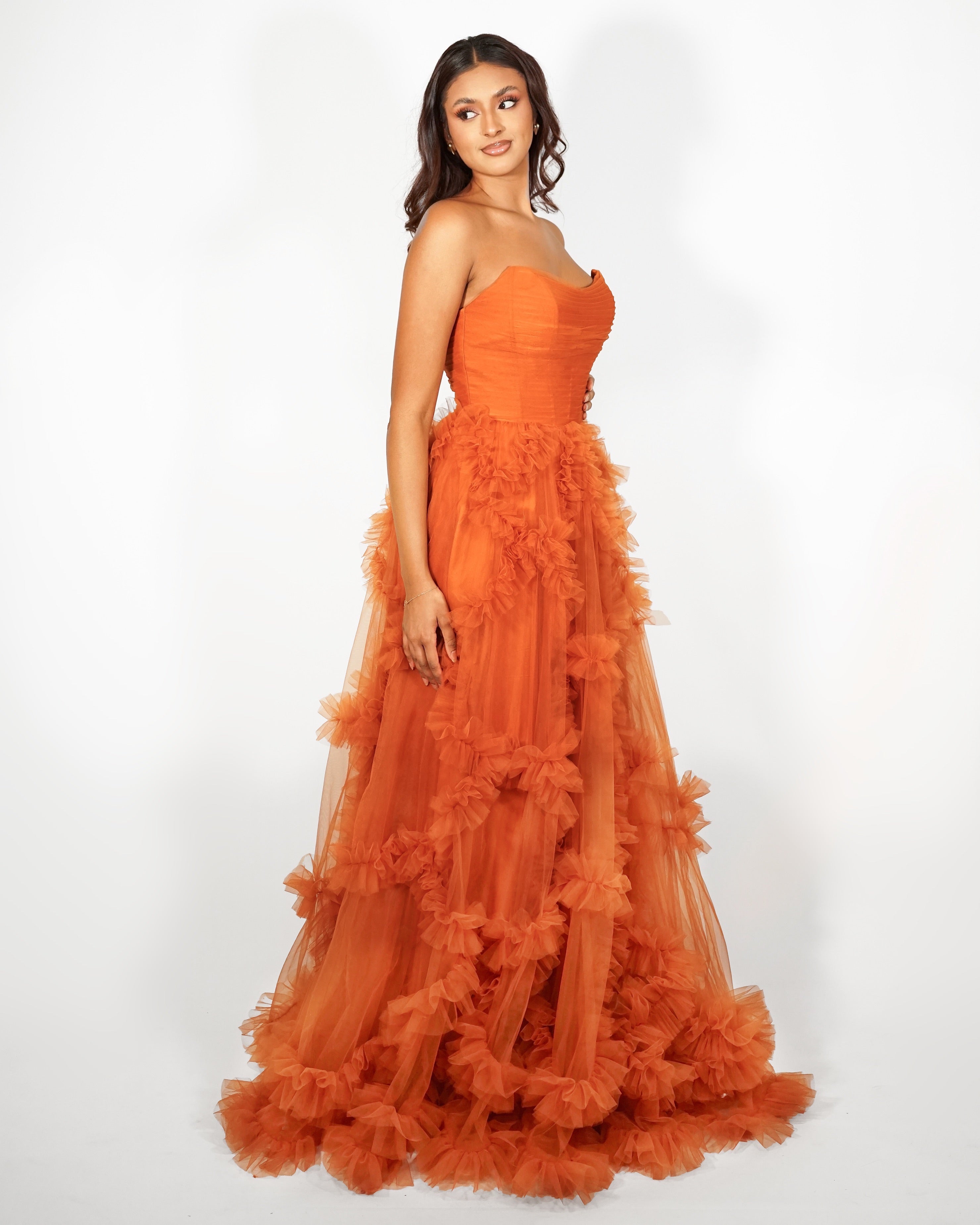 Alia - Longue robe en tulle terracotta